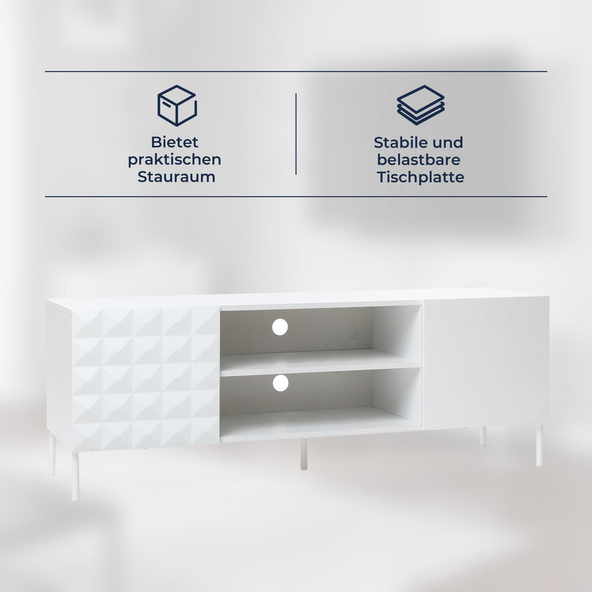 TV Lowboard Holz Weiß, Modernes TV Schrank für Fernseher bis zu 65 Zoll, 140 × 40 × 50 cm - Weiß, Holzwerkstoff/Metall (140/50/40cm) - Hometopia