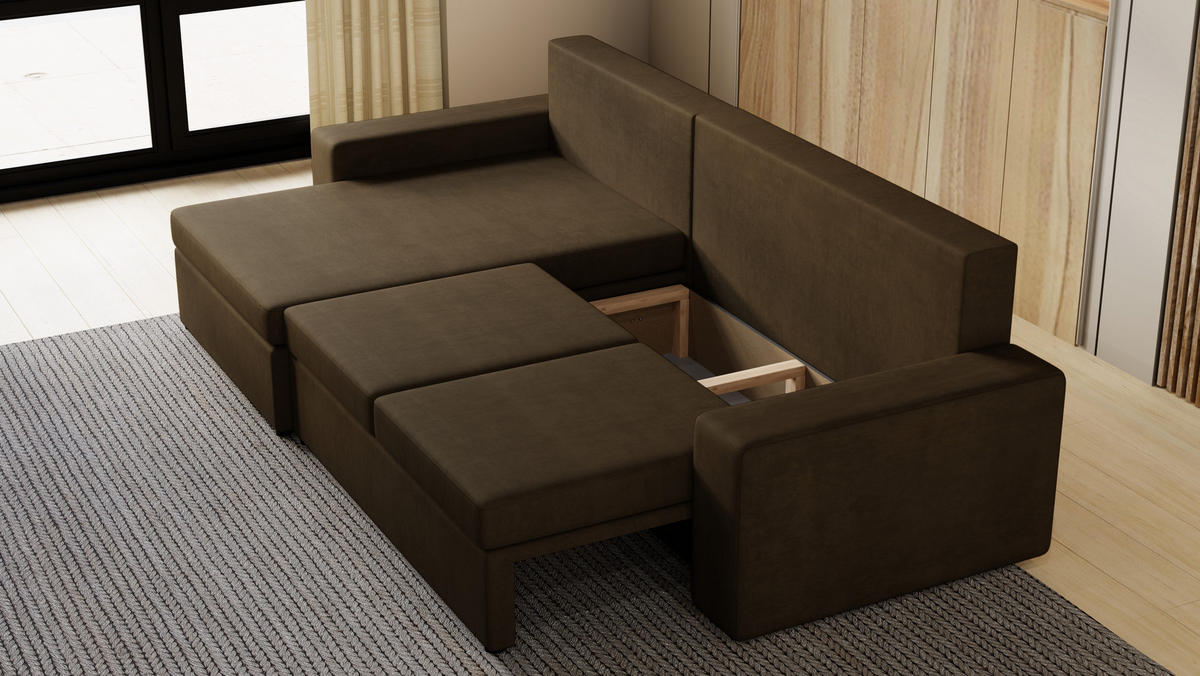 ECKSOFA Paco mit Bettkasten und Schlaffunktion, L-Form/XL-Form, Velourstoff, Universal - Braun, Holzwerkstoff (276/145cm) - 4ALL HOME