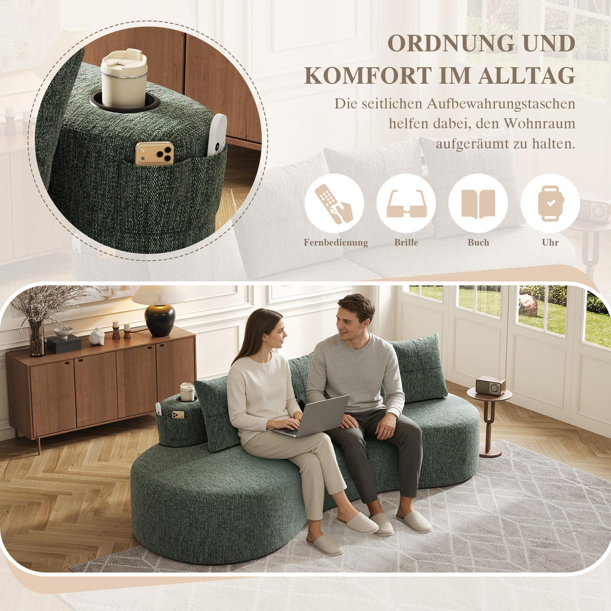3-SITZER SOFA leinenstoff farbwahl mit getränkehalter & seitentaschen - Grün, Textil (240/63/109cm) - Urban Meuble