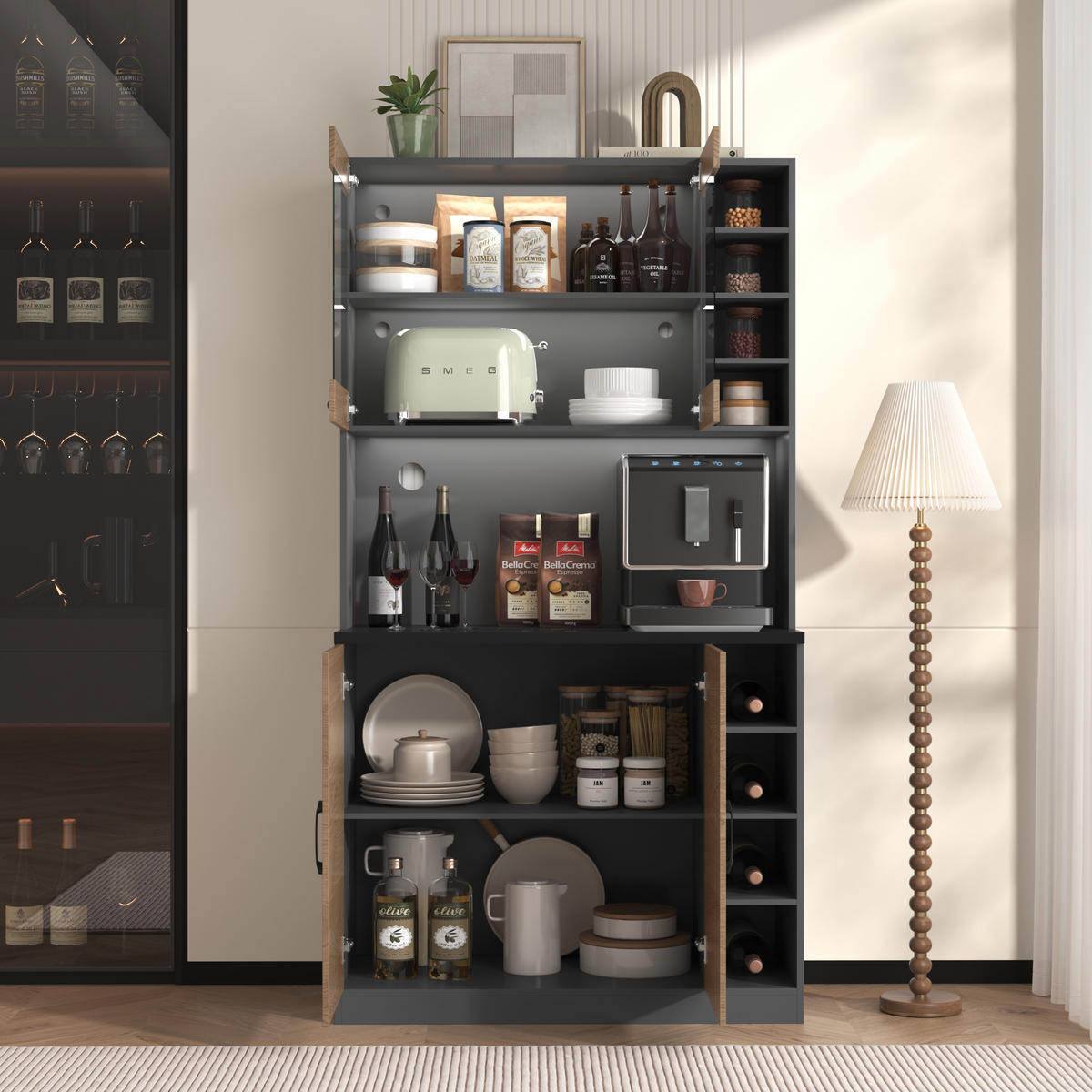 BUFFET Küchenbuffet Glas LED mit verstellbaren Fächern Anti-Kipp Kabelmanagement Dunkelgrau Holzoptik - Transparent/Naturfarben, Glas/Holzwerkstoff (100/187/47cm) - EVRYAE