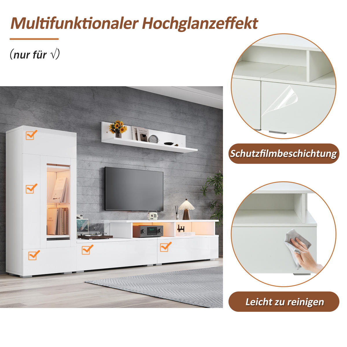 WOHNWAND 3-teilig LED Hochglanz Weiß TV Schrank - Weiß, Holzwerkstoff (170/45/35cm) - FLIEKS