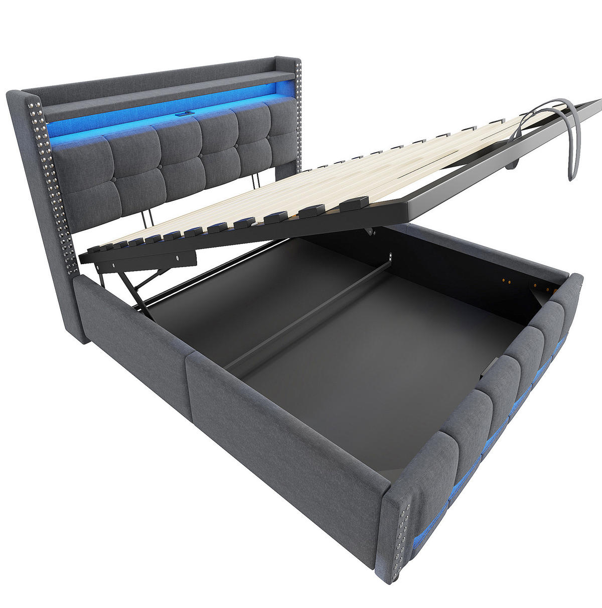 POLSTERBETT aus Leinenstoff 140x200 cm Grau mit LED-Beleuchtung, USB-Anschluss und Bettkasten - Grau, Textil (140/200cm) - IVMEU