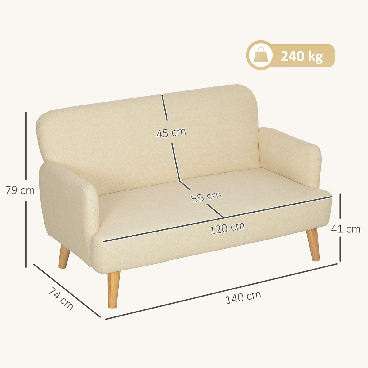 SOFA, 2-Sitzer, Samtoptik, dicke Polsterung, cremeweiß, 140x74x79cm - Multicolor, Holzwerkstoff (140/79/74cm) - FORIOUS