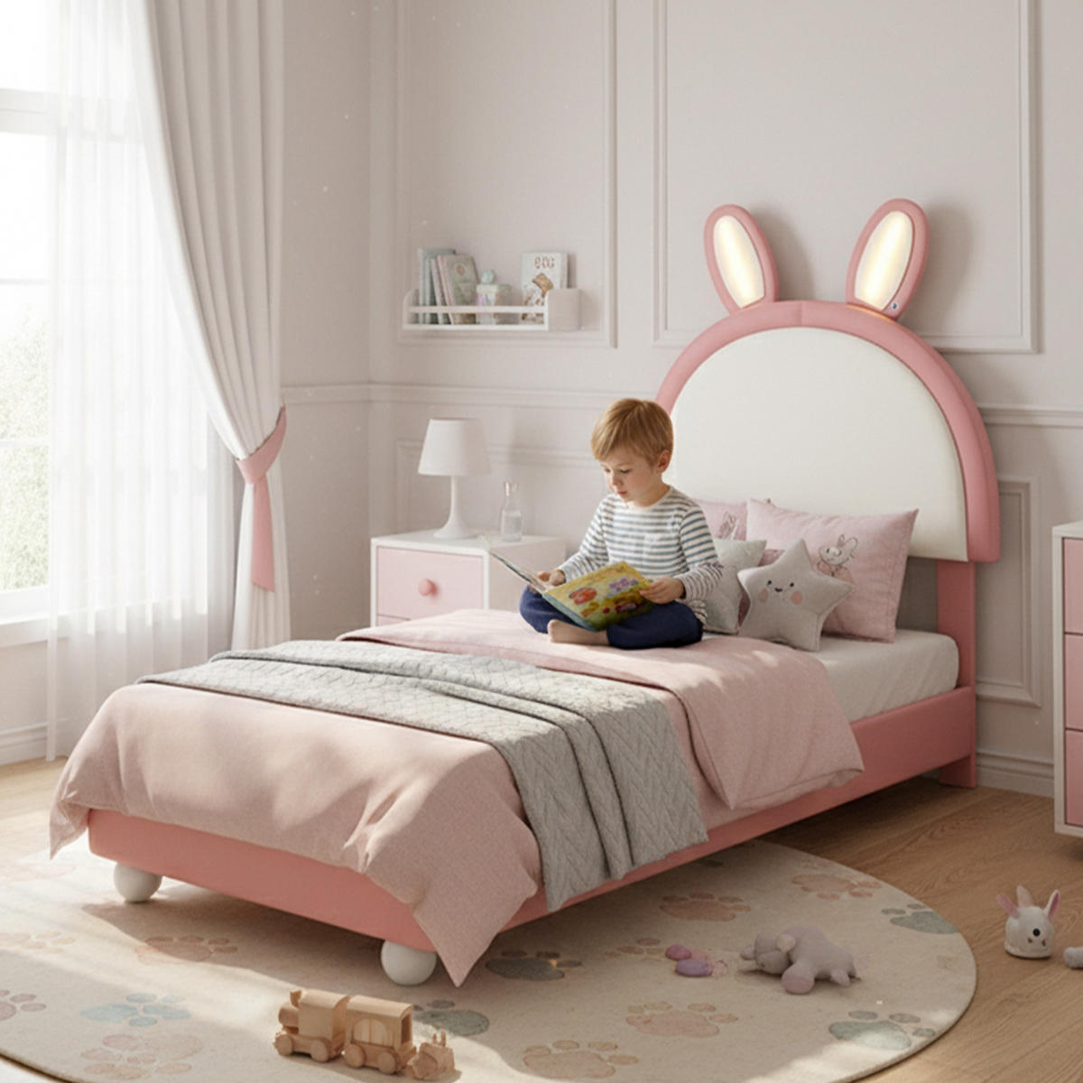 KINDERBETT 90/200 cm DE-02234, in Rosa, mit Hasen-Kopfteil und LED - Pink, Holzwerkstoff (90/200cm) - ComfortXL
