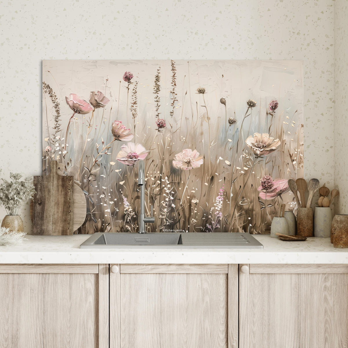 SPRITZSCHUTZ KÜCHE Blumen - Beige - Trockenblumen 80x55 cm - Beige, Metall (80/0.3/55cm) - MuchoWow