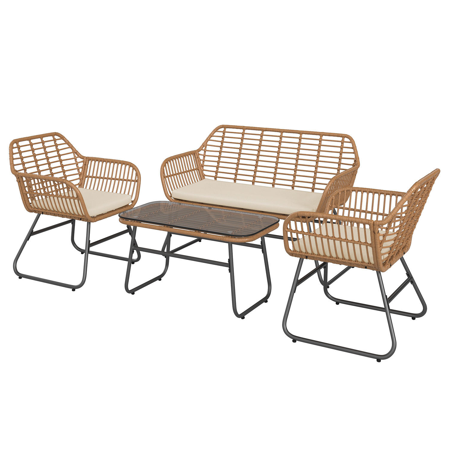 LOUNGESET - Polyrattan / Polyester - Braun / Beige - 4-teilig - Beige/Braun, Naturmaterialien/Glas - home24