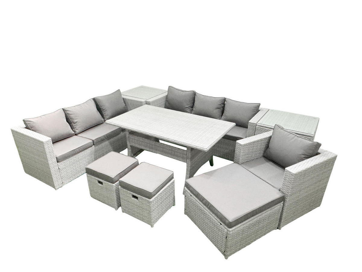 GARTENMÖBEL SET mit 3-Sitzer-Sofa und Sessel, Esstisch,3 Hockern,2 Beistelltischen Polyrattan Hellgrau 10-Sitzer - Hellgrau/Grau, Glas/Kunststoff - Fimous