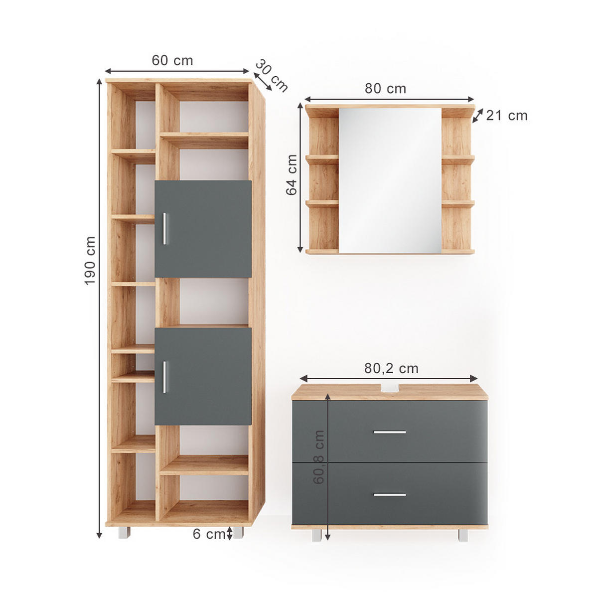 BADMÖBEL-SET Ilias Anthrazit/Goldkraft Eiche 3 Teile, mit Hochschrank - Honigeiche/Anthrazit, Holzwerkstoff (80.2/60.8/33cm) - Vicco
