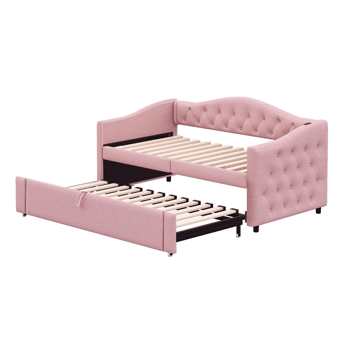 ČALÚNENÁ posteľ z ľanovej látky 90x200 cm ružová s USB portom a lamelovým roštom - pink, textil (90/200cm) - Modfu