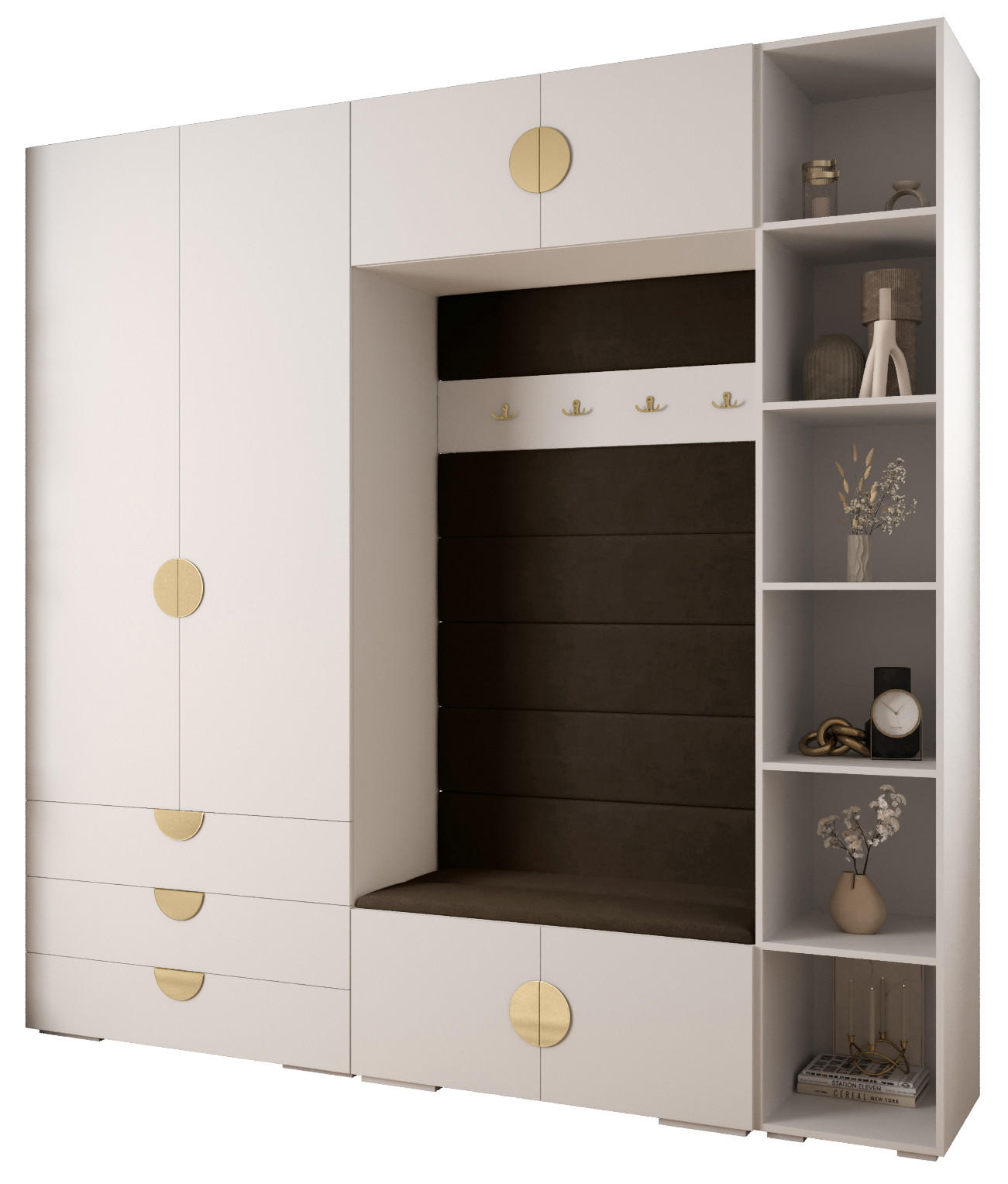 Abiks Möbel Garderoben-Set Weiß, Braun, Gold 240x236.7x47 cm