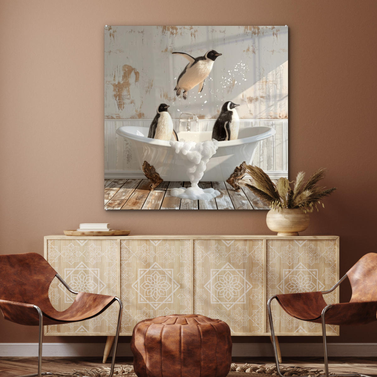 ACRYLGLASBILD Vintage - Pinguin - Badewanne - Schaumstoff 90x90 cm - Schwarz, Glas (90/90cm) - MuchoWow
