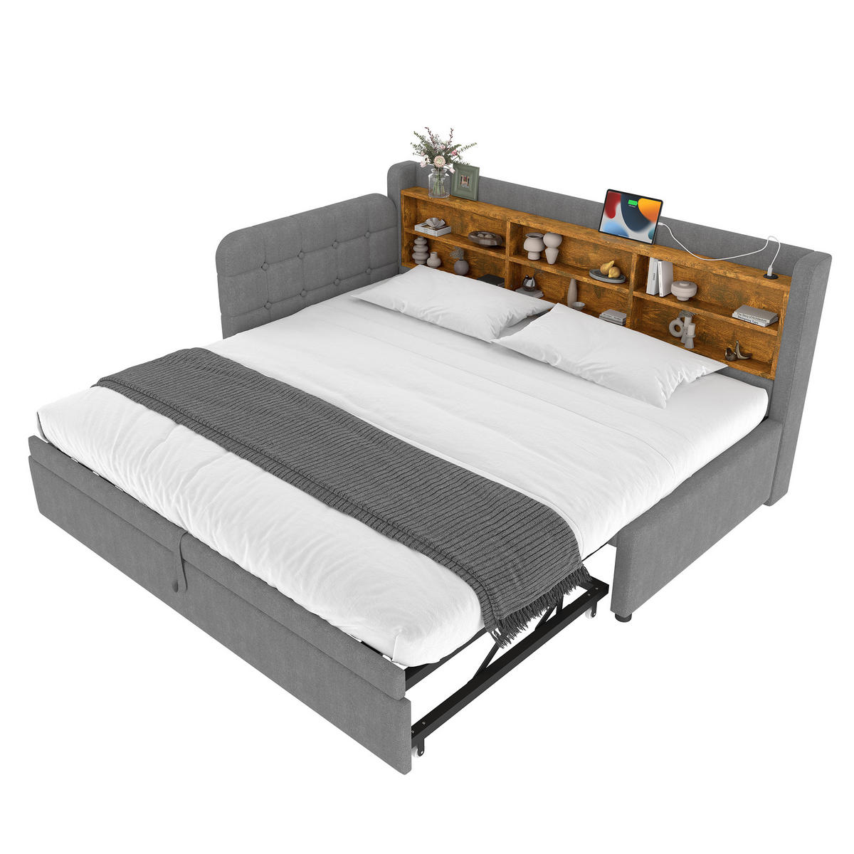 DAYBETT 90/200 cm Grau multifunktionales Ausziehbett mit USB- und Type-C-Anschlüssen aus Leinen - Grau, Textil (90/200cm) - OKWISH