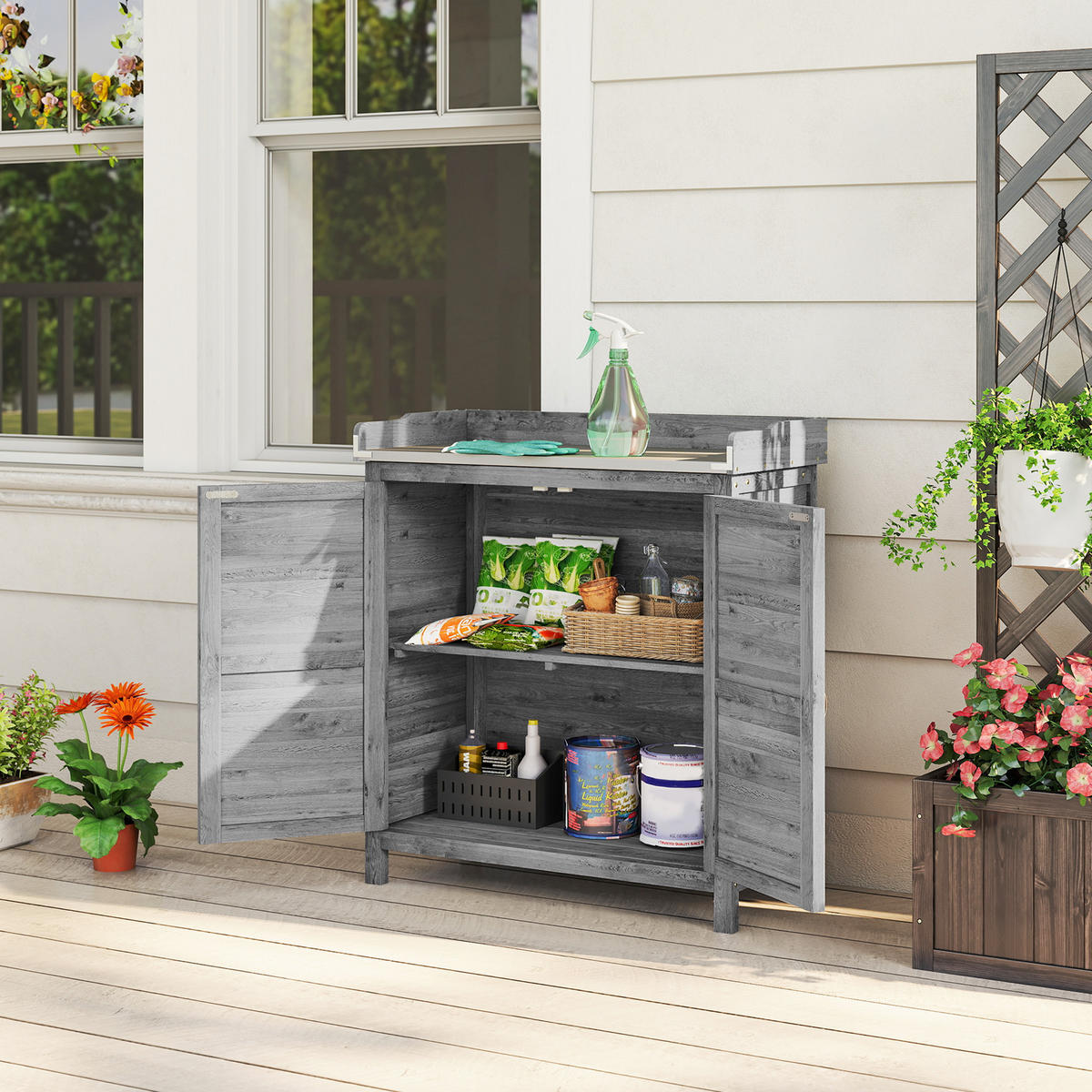 GARTENSCHRANK Tannenholz Metall Grau - Grau, Holz (40/92/83cm) - Outsunny