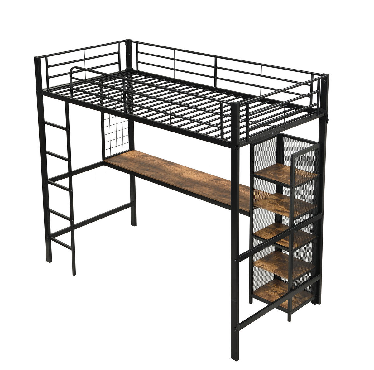 HOCHBETT 90/200 cm schwarz aus Metall mit Tisch und Regal mit Metallgitter - Schwarz, Holzwerkstoff (90/200cm) - OKWISH