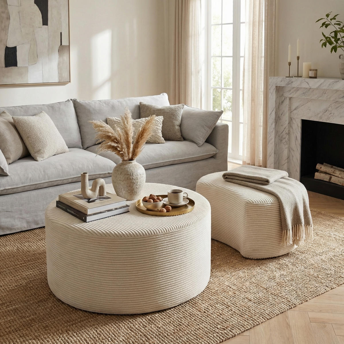 COUCHTISCH 2er Set Rund Gepolsterter Montagefrei - Beige, Textil (81/81/40cm) - Urban Meuble