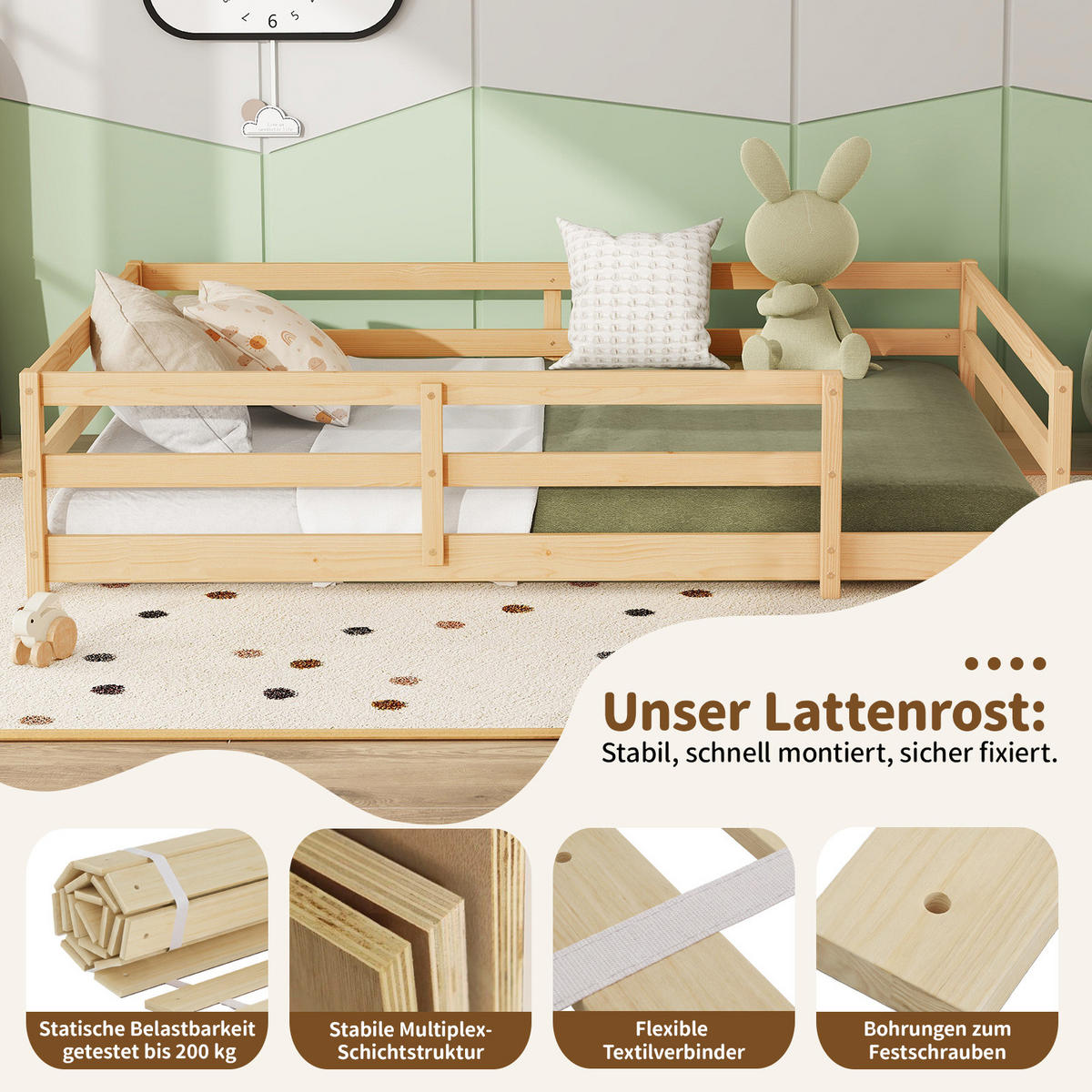 KINDERBETT 140/200 cm mit 4-Seiten-Umrandung und Lattenrost, niedriger Einstieg ohne Matratze - Naturfarben, Holz (140/200cm) - MIVRAY
