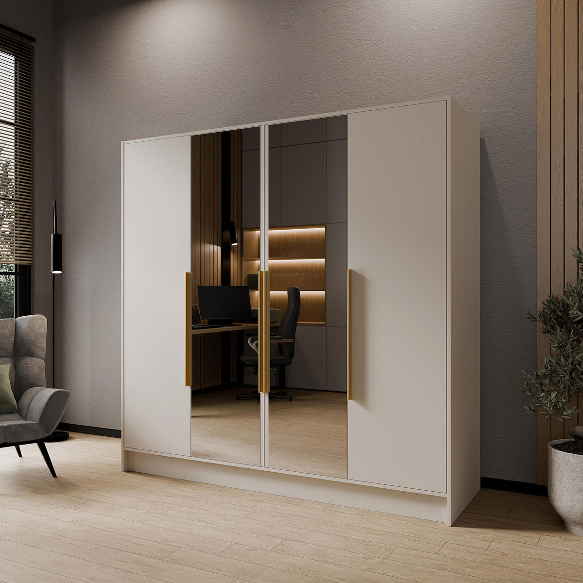 DREHTÜRENSCHRANK Laro mit Spiegel, Kaschmir mit goldenen Griffen, 200 cm - Kaschmir, Holzwerkstoff (200/200/51cm) - Beautysofa