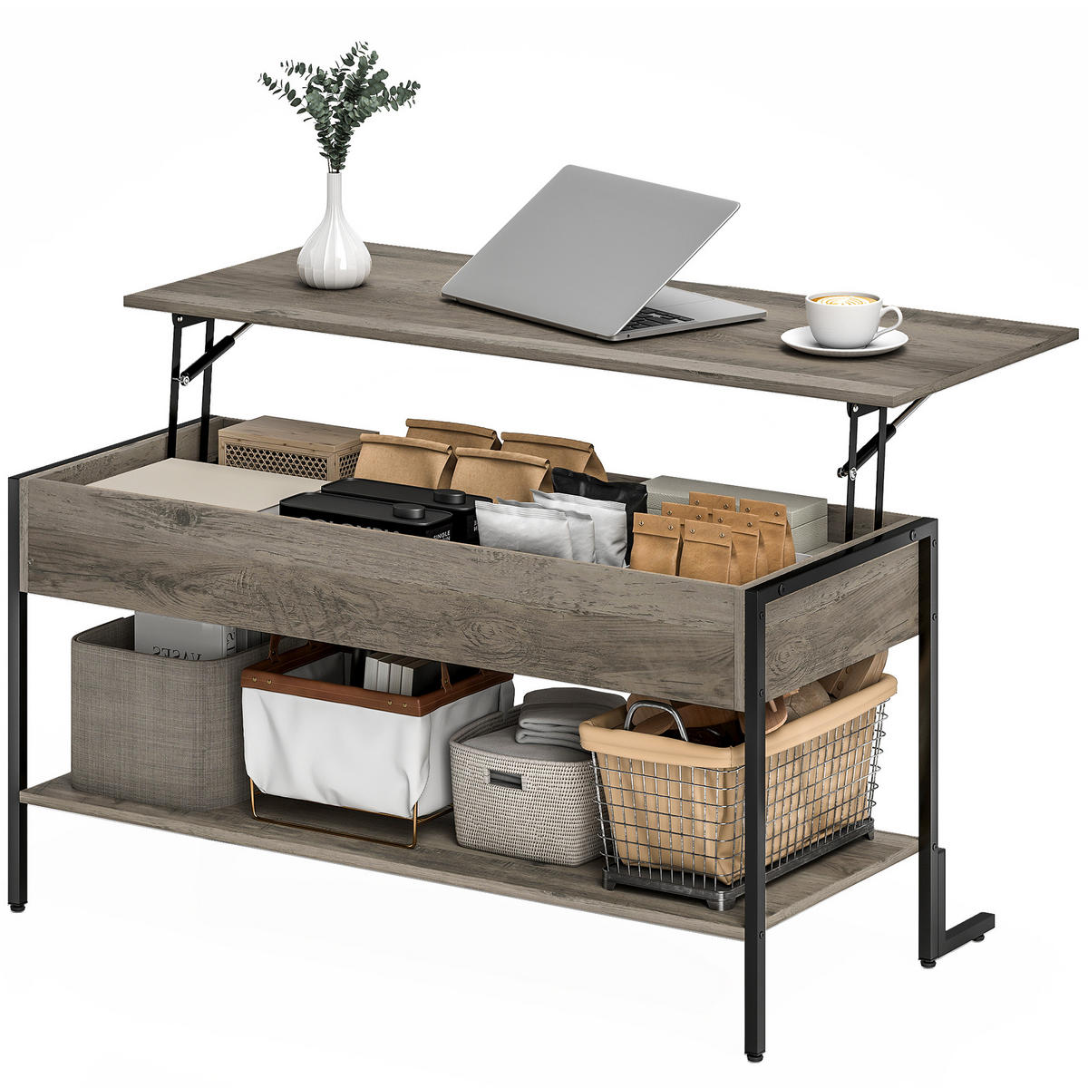 COUCHTISCH DE-15792 klappbare Platte Grau - Grau, Holzwerkstoff (95/40/59cm) - ComfortXL