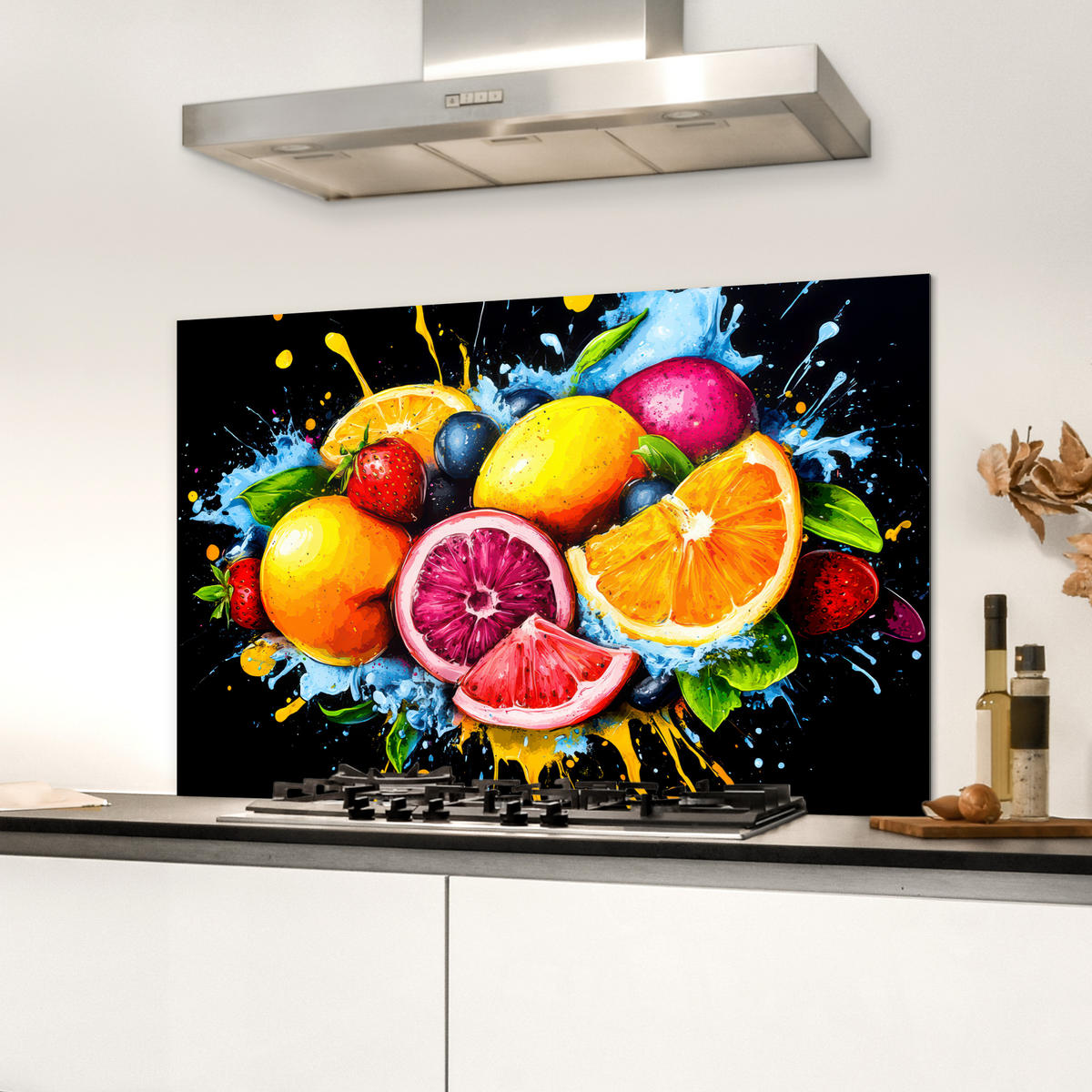 SPRITZSCHUTZ KÜCHE Obst - Graffiti - Bunt - Orange - Erdbeere - Abstrakt 90x60 cm - Orange, Metall (90/0.3/60cm) - MuchoWow