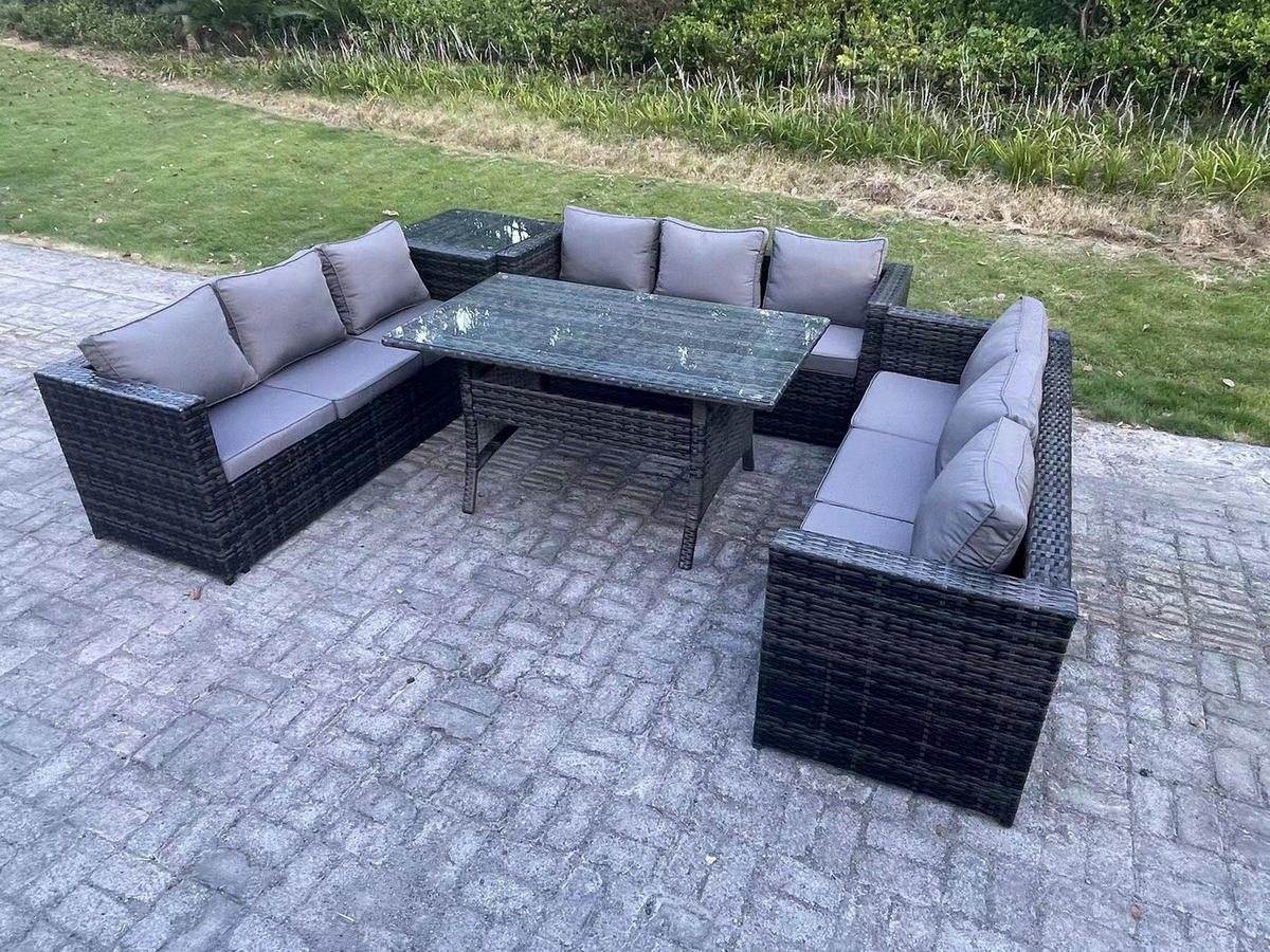 GARTENMÖBEL SET mit Beistelltisch,Esstisch Polyrattan 9-Sitzer - Dunkelgrau/Grau, Glas/Kunststoff - Fimous