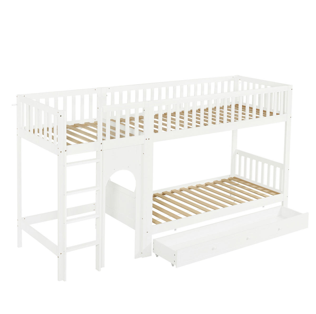 ETAGENBETT aus Kiefer und MDF 90x200 cm Weiß/Natur mit gerader Leiter und vierseitigem Geländer - Weiß, Holzwerkstoff (90/200cm) - Modfu