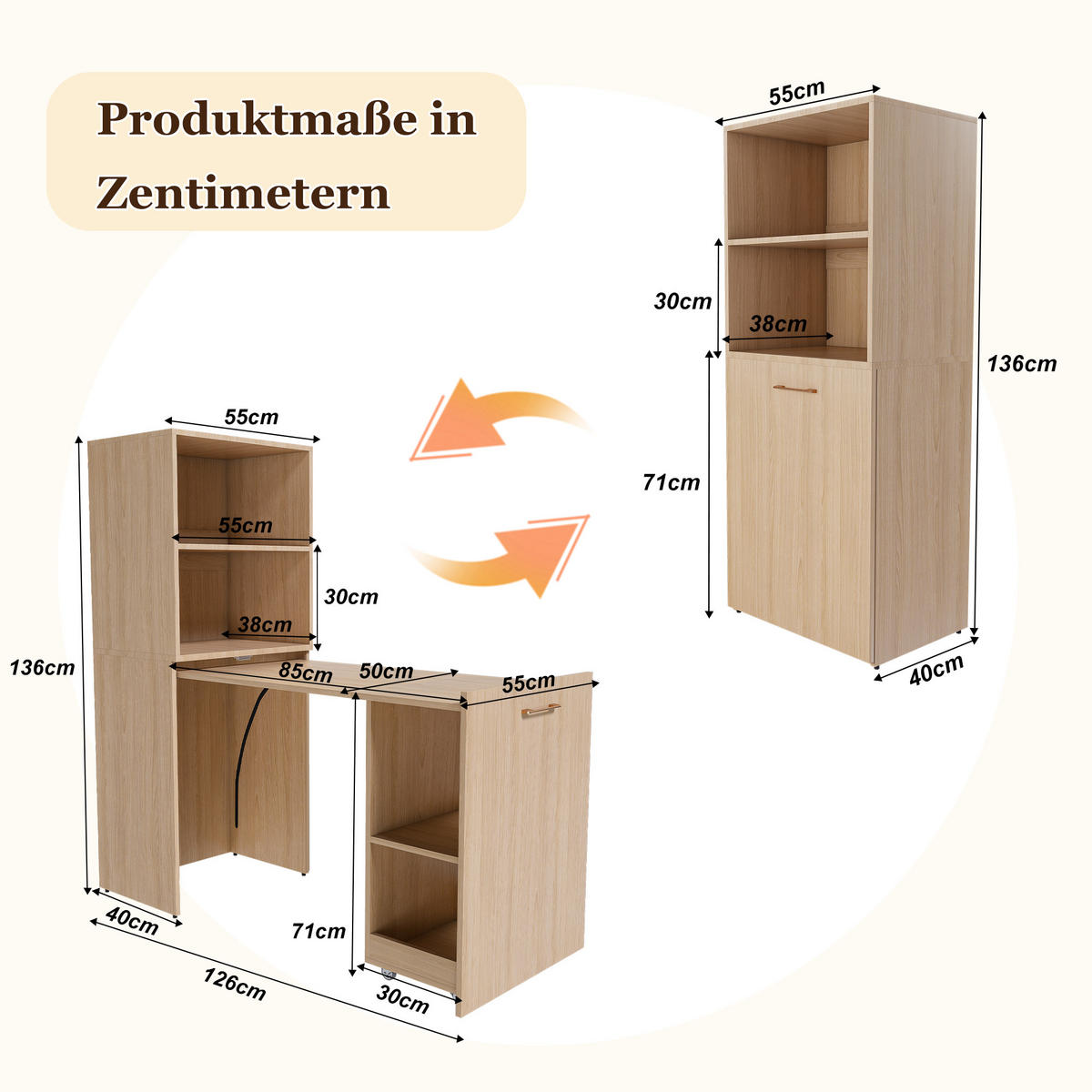 ECKSCHREIBTISCH DE-37446 ausziehbar mit verstellbaren Ablagen Helle Eiche - Naturfarben, Holzwerkstoff (40/55/136cm) - ComfortXL