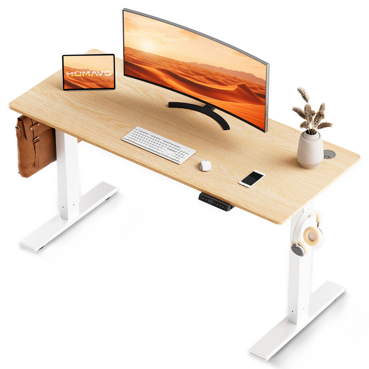SCHREIBTISCH höhenverstellbar 70 - 120 cm - Hellbraun/Weiß, Holz/Metall (120/60/69cm) - HOMAVO