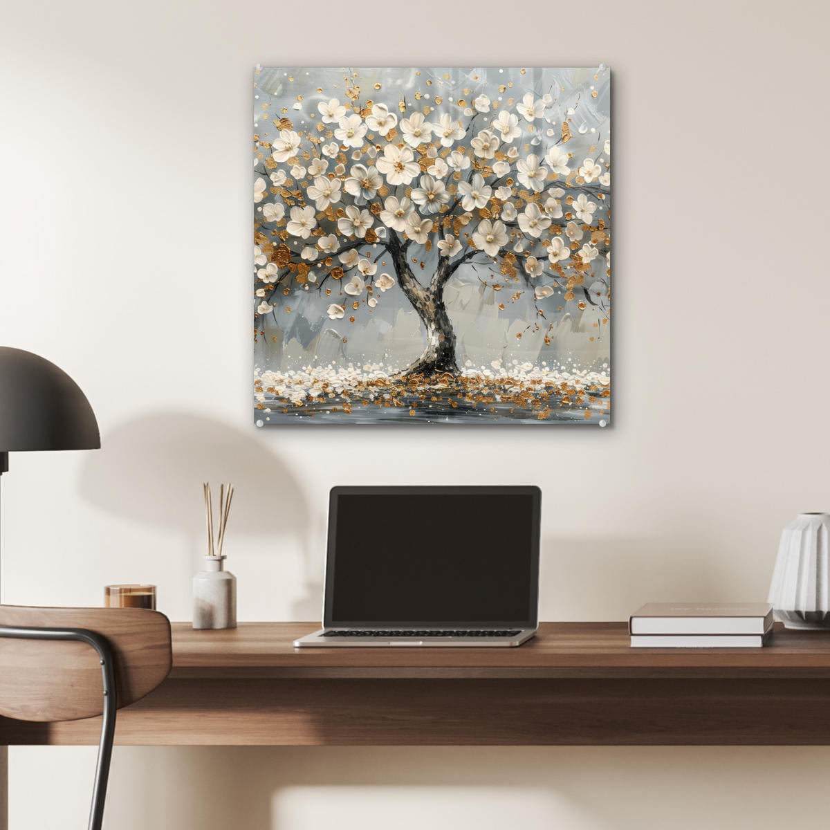 ACRYLGLASBILD Baum - Blumen - Weiß - Natur - Kunst 50x50 cm - Weiß, Glas (50/50cm) - MuchoWow