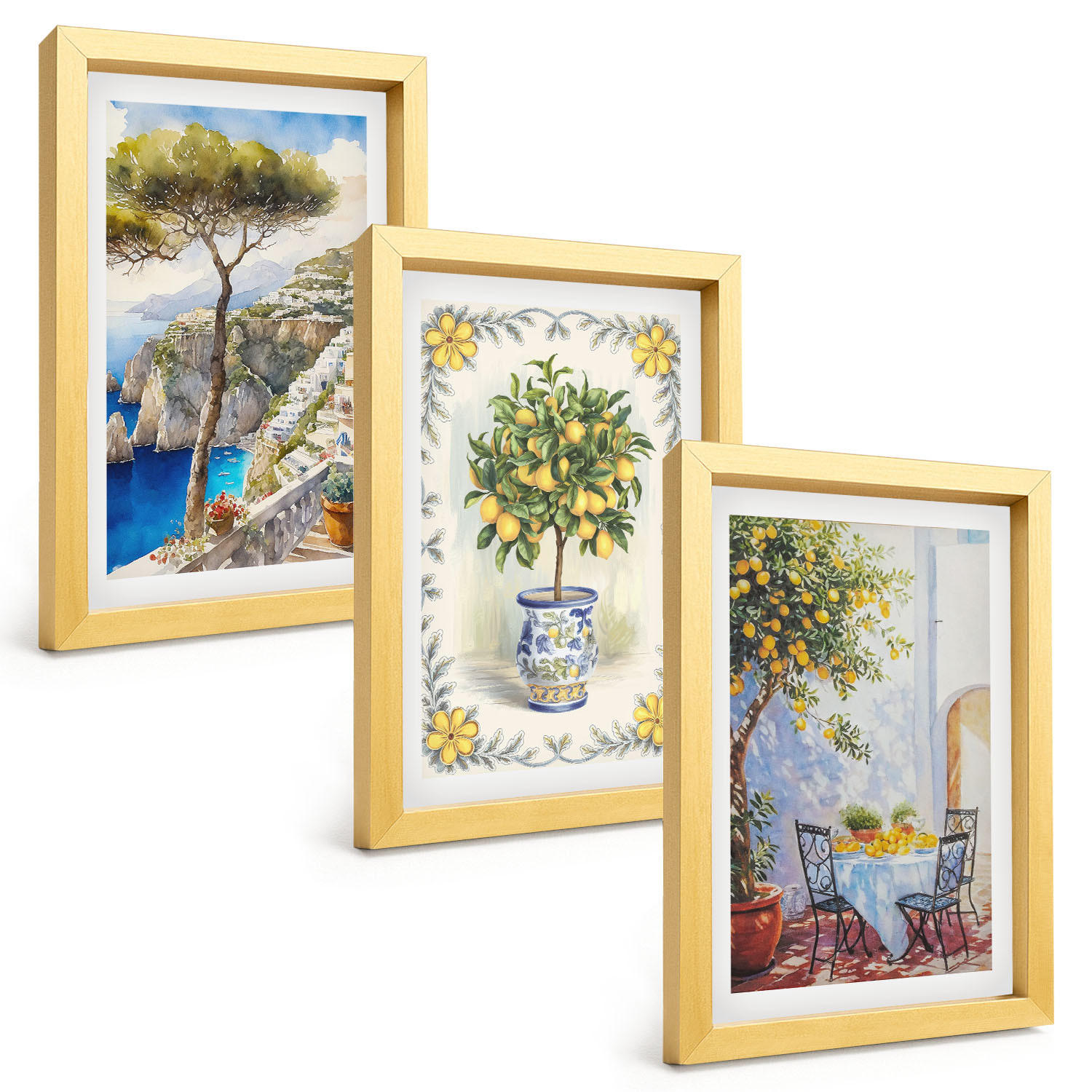 BILDER SET 3er Set - 20x30 cm Goldrahmen - Blick auf das Meer aus Zitronenbäumen - Goldfarben, Kunststoff (20/30cm) - TULUP