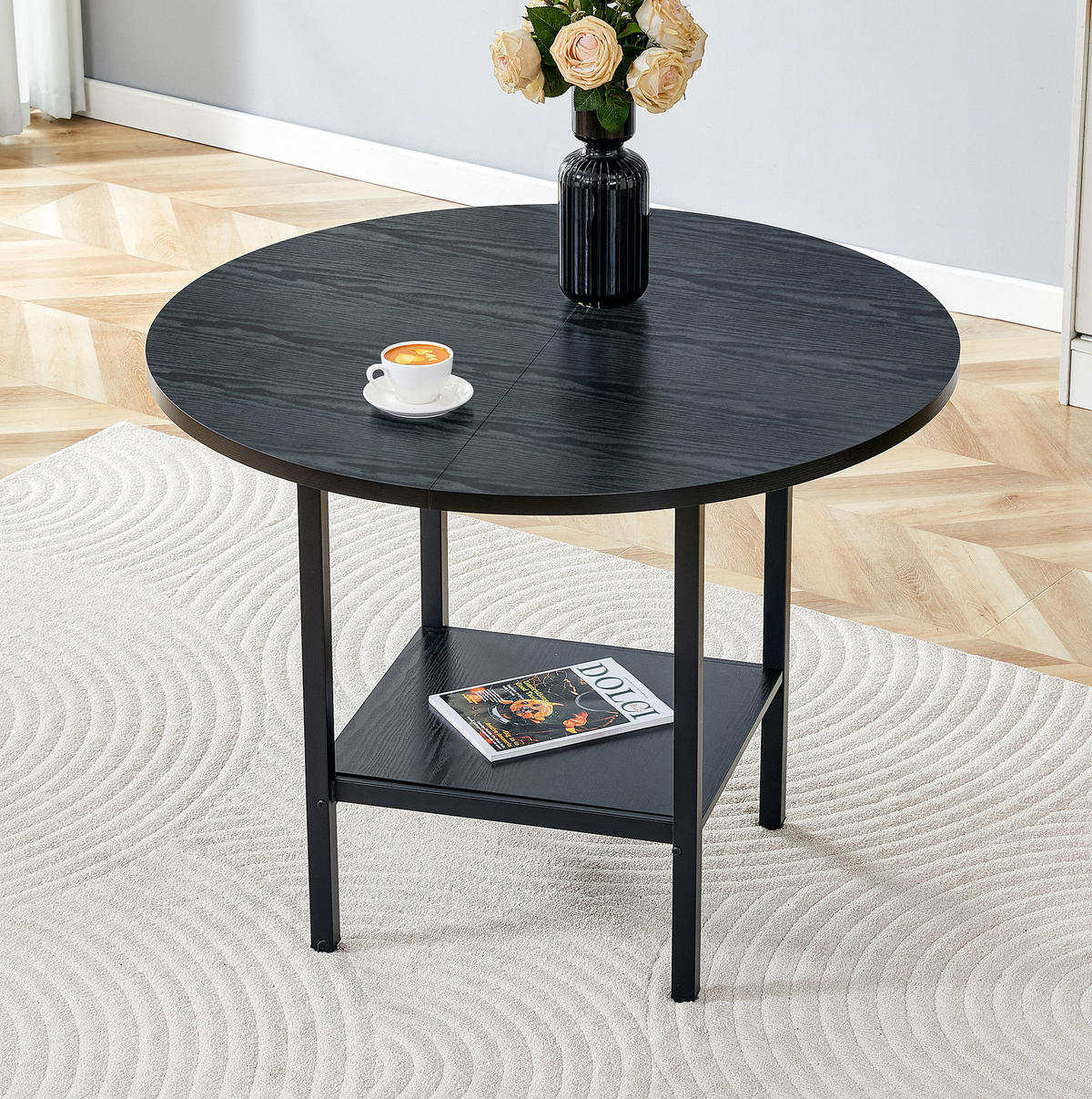ESSTISCH aus MDF und Metall 100x100x77 cm Schwarz mit Stauraumablage, rundes Design für 4-6 Personen - Schwarz, Holzwerkstoff (100/100/77cm) - Modfu