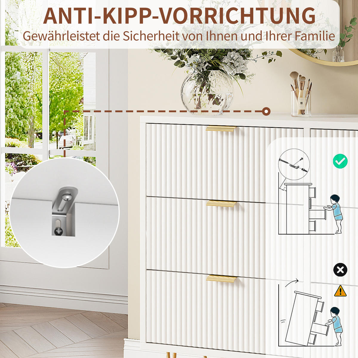 KOMMODE Modern‑Weiß mit vertikalem Rillendesign & goldenen Metallakzenten 34/100/73 cm - Weiß, Holz (100/73/34cm) - Joyfair