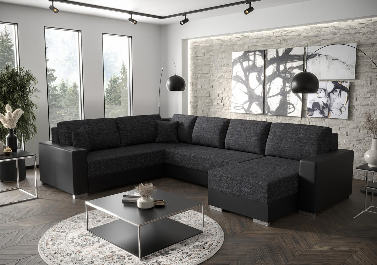 WOHNLANDSCHAFT Prado rechts mit Schlaffunktion und Bettzeugcontainer - Dunkelgrau/Schwarz, Textil (314/88/210cm) - SIMKAM Furniture