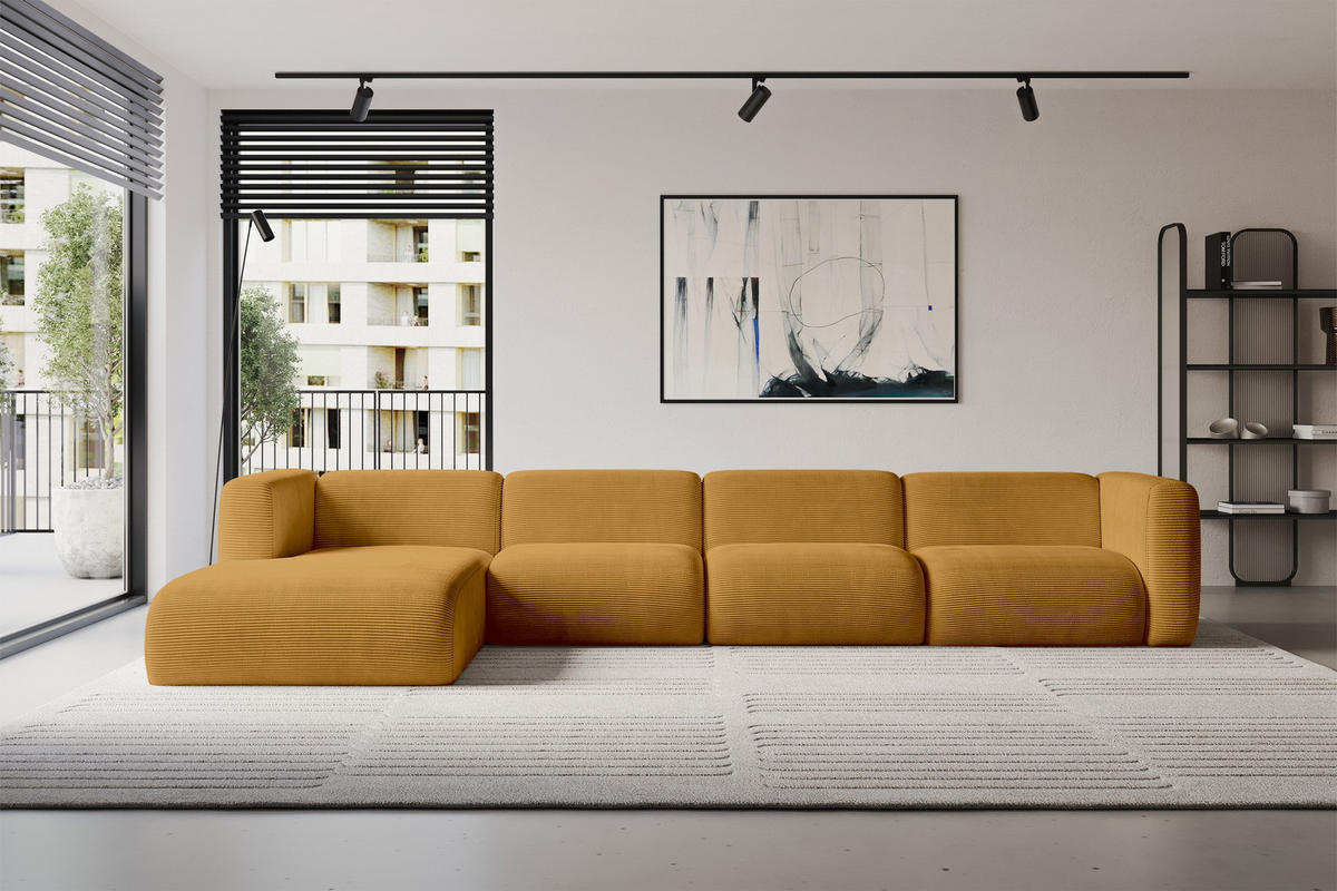 ECKSOFA Ottomane Links MIRA-L3 409x179x70 Senfgelb Cord - Currygelb/Schwarz, Holzwerkstoff/Kunststoff (409/179cm) - ALTDECOR