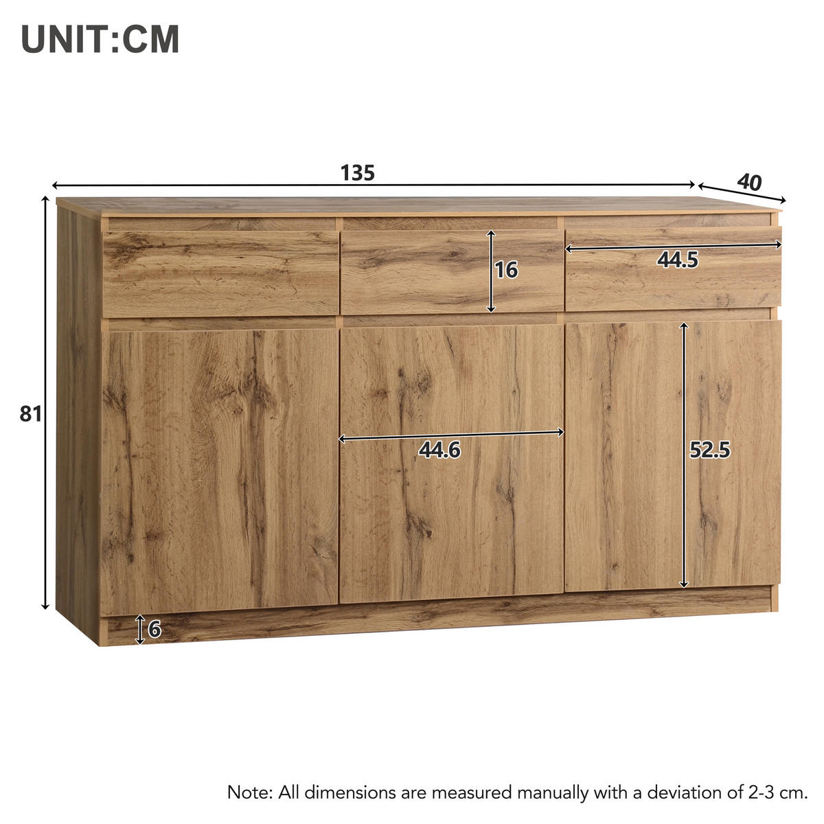 SIDEBOARD V dekoru dřeva se 3 dvířky a 3 zásuvkami - přírodní, kompozitní dřevo (135/81/40cm) - Urban Meuble