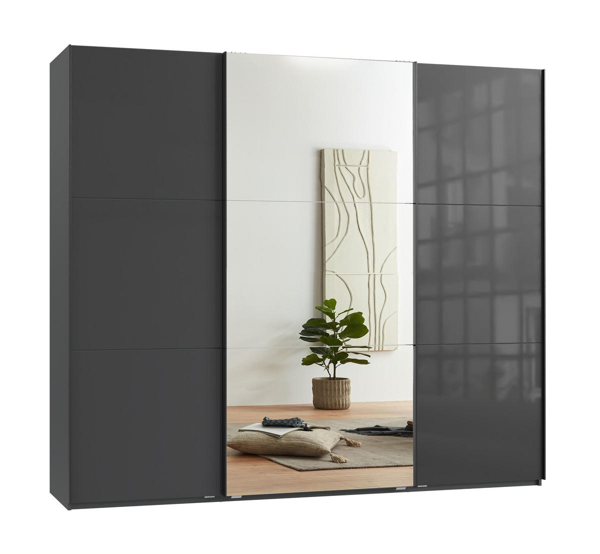 SCHWEBETÜRENSCHRANK 3-türig B250/H216/T65 cm in Anthrazit mit Glasfront und Spiegel inkl. Vollausstattung / 22035 - Anthrazit/Schwarz, Holzwerkstoff/Metall (250/216/65cm) - luma-home