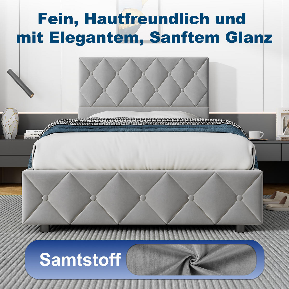 POLSTERBETT 90/200 cm mit Bettkasten in Grau Samt, ohne Matratze - Hellgrau, Holzwerkstoff/Textil (90/200cm) - WISHDOR