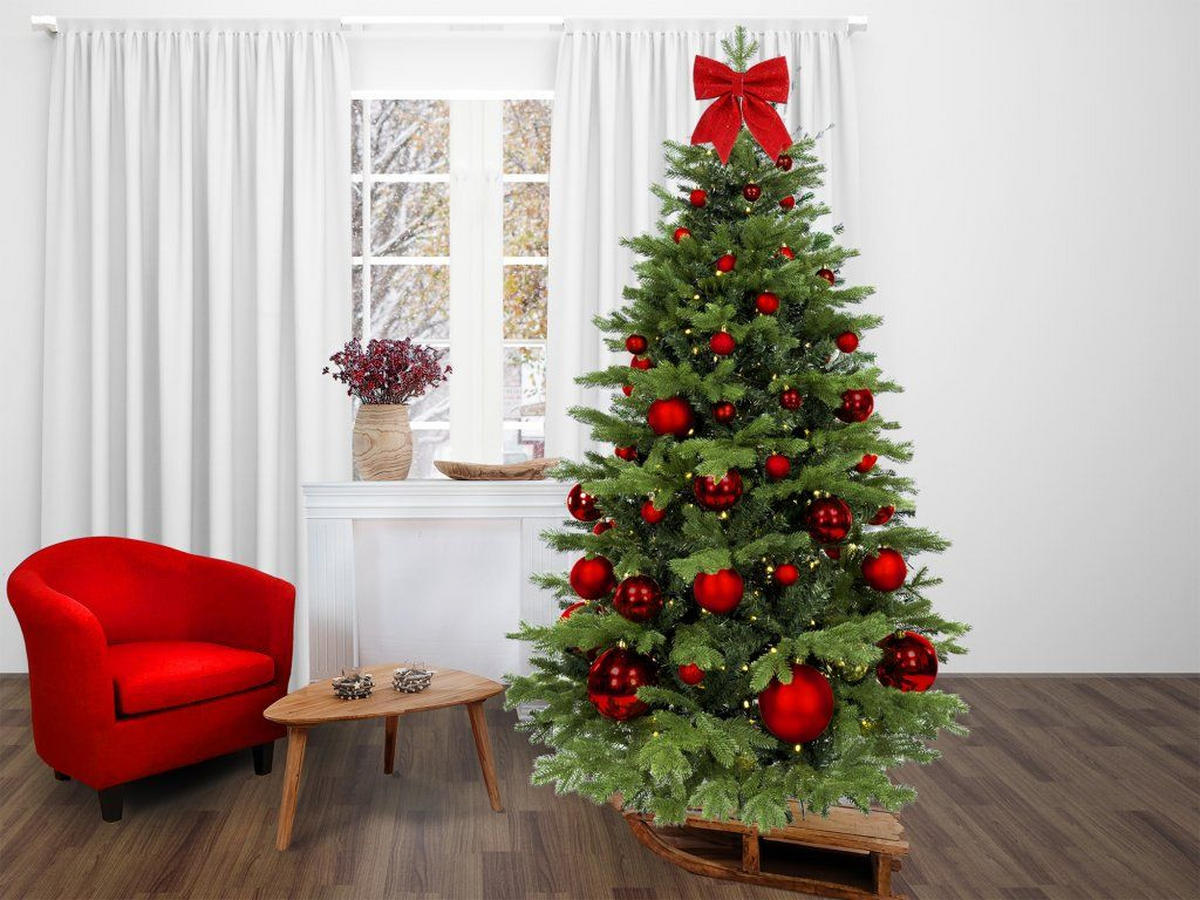 WEIHNACHTSBAUM künstlicher 150 cm, ROTEWEIHNACHTEN, mit 73-teiligem Weihnachtsbaumschmuck, inkl. Metallständer und Aufbewahrungsbox - Rot/Grün, Kunststoff/Metall (104/150cm) - LAALU