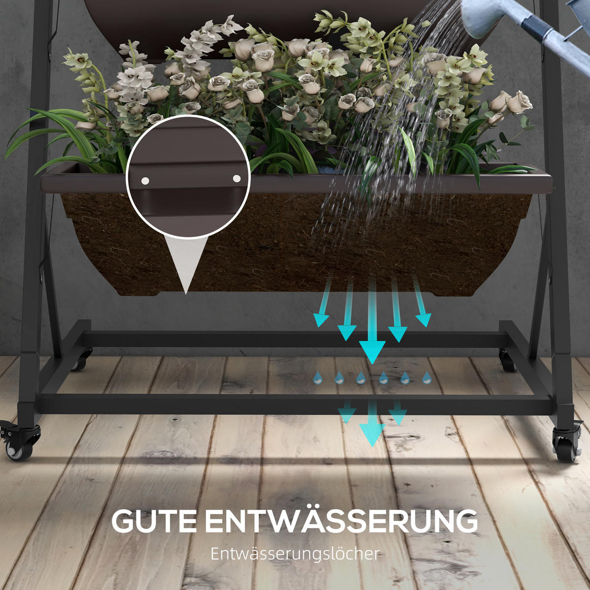 BLUMENTREPPE mit Rollen Braun 65/67/145 cm - Braun, Metall (67/145/65cm) - Outsunny