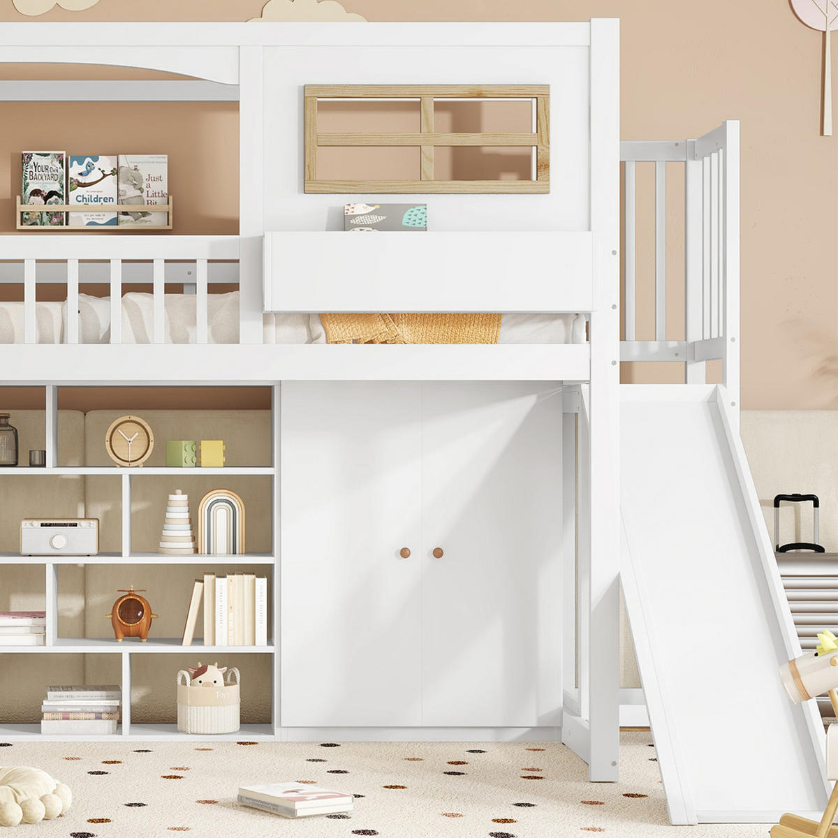 ETAGENBETT 90/200 cm Weiß mit Rutsche und Kleiderschrank aus Kiefer und MDF - Weiß, Holzwerkstoff (90/200cm) - OKWISH