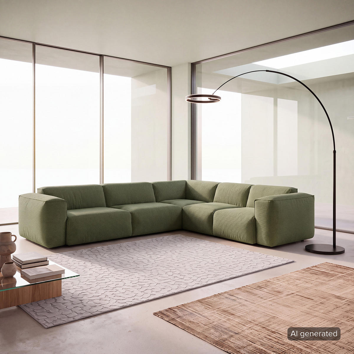 ECKSOFA mit Rundecke - Dunkelgrün/Schwarz, Kunststoff/Textil (325/260cm) - home24