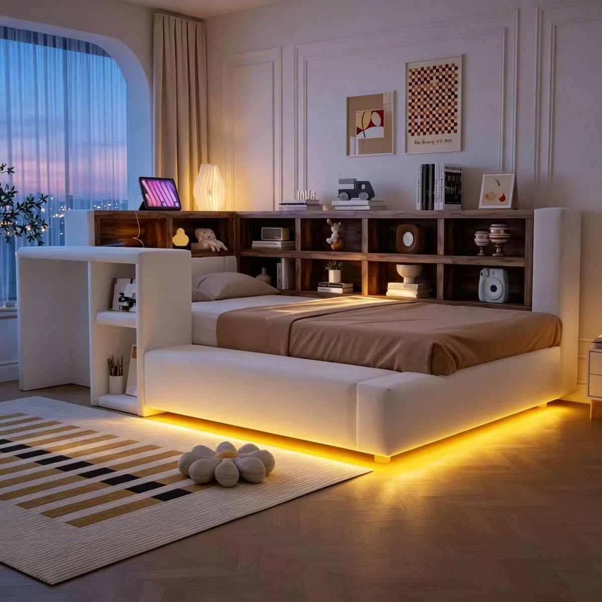 POLSTERBETT 90/200 cm in Beige mit Staufächern, LED, Steckdosen und Beistelltisch aus Samt, gepolstertem Kopfteil - Beige, Holzwerkstoff/Textil (90/200cm) - STILVORA