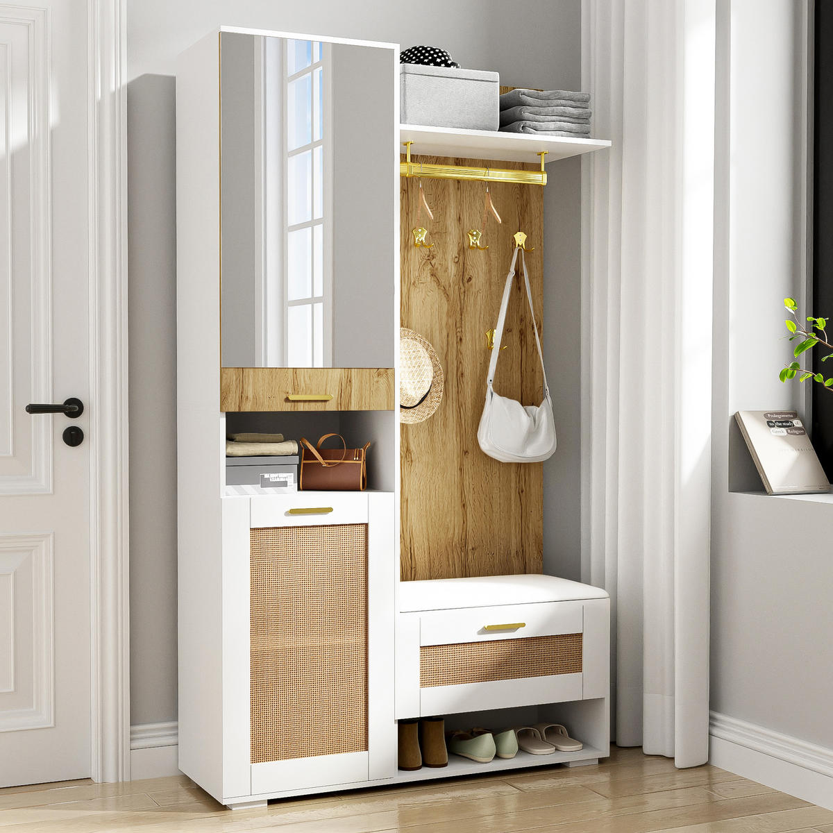 GARDEROBEN-SET in Naturfarben Kleiderschrank-Set mit Schuhschrank, Sitzbank und LED-Beleuchtung , B110/T38/H190cm - Naturfarben/Weiß, Glas/Holzwerkstoff (110/190/38cm) - STILVORA