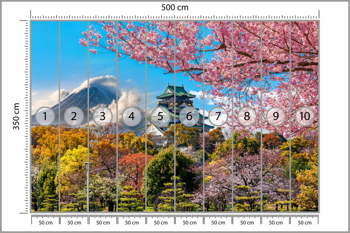 FOTOTAPETE für Wohnzimmer Kirschblüten Osaka Burg Japan Berge Bäume 500x350 - Gelb/Rosa, Papier (500/350cm) - Muralo
