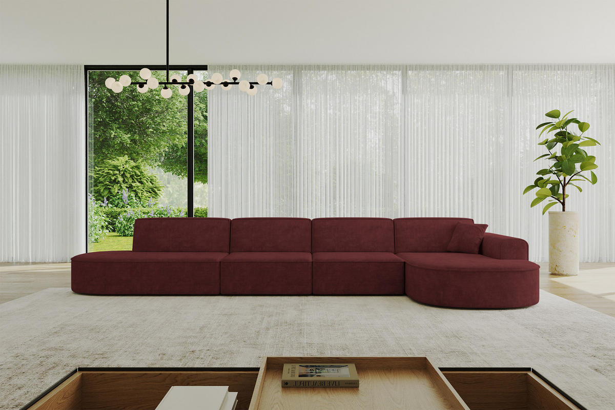 ECKSOFA Ottomane Rechts MARI-L3 - 413x171x79 cm Bordeaux Velours - Bordeaux/Schwarz, Holzwerkstoff/Kunststoff (171/413cm) - ALTDECOR