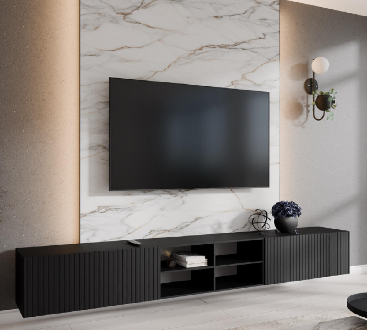 TV-SCHRANK Schwarz RIO Offene Regale Geriffelt 300 cm - Schwarz, Holzwerkstoff (300/41/40cm) - Sepro Meble