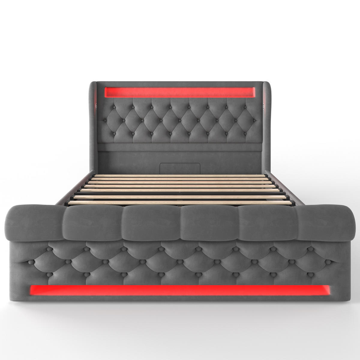 POLSTERBETT aus Samt 160x200 cm in Grau mit LED, USB-C und Matratze - Grau, Textil (160/200cm) - Modfu