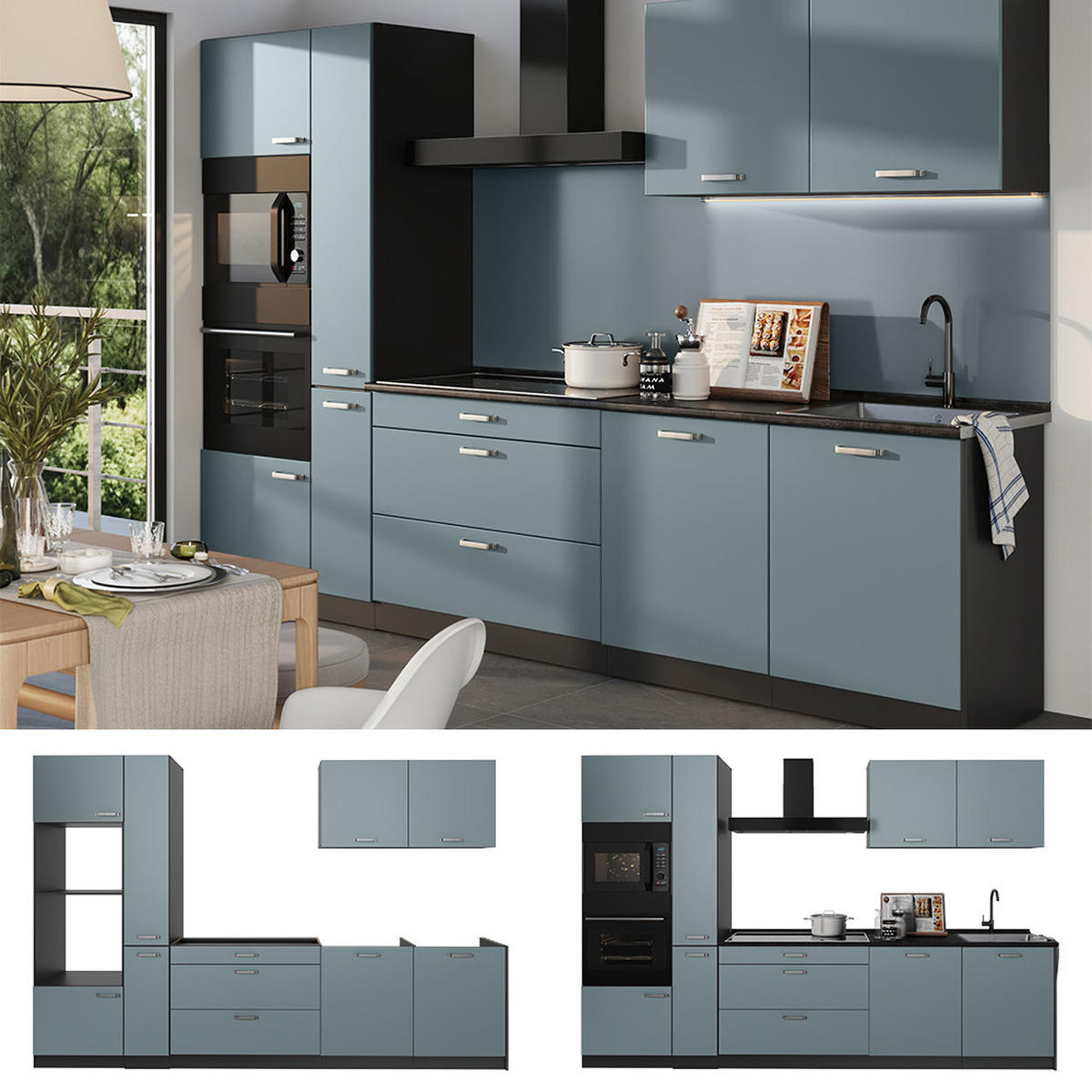 KÜCHENZEILE R-Line, Blau-Grau/Anthrazit, 310 cm Arbeitsplatte Marmor - Anthrazit/Blaugrau, Holzwerkstoff (310/206.8/60cm) - Vicco
