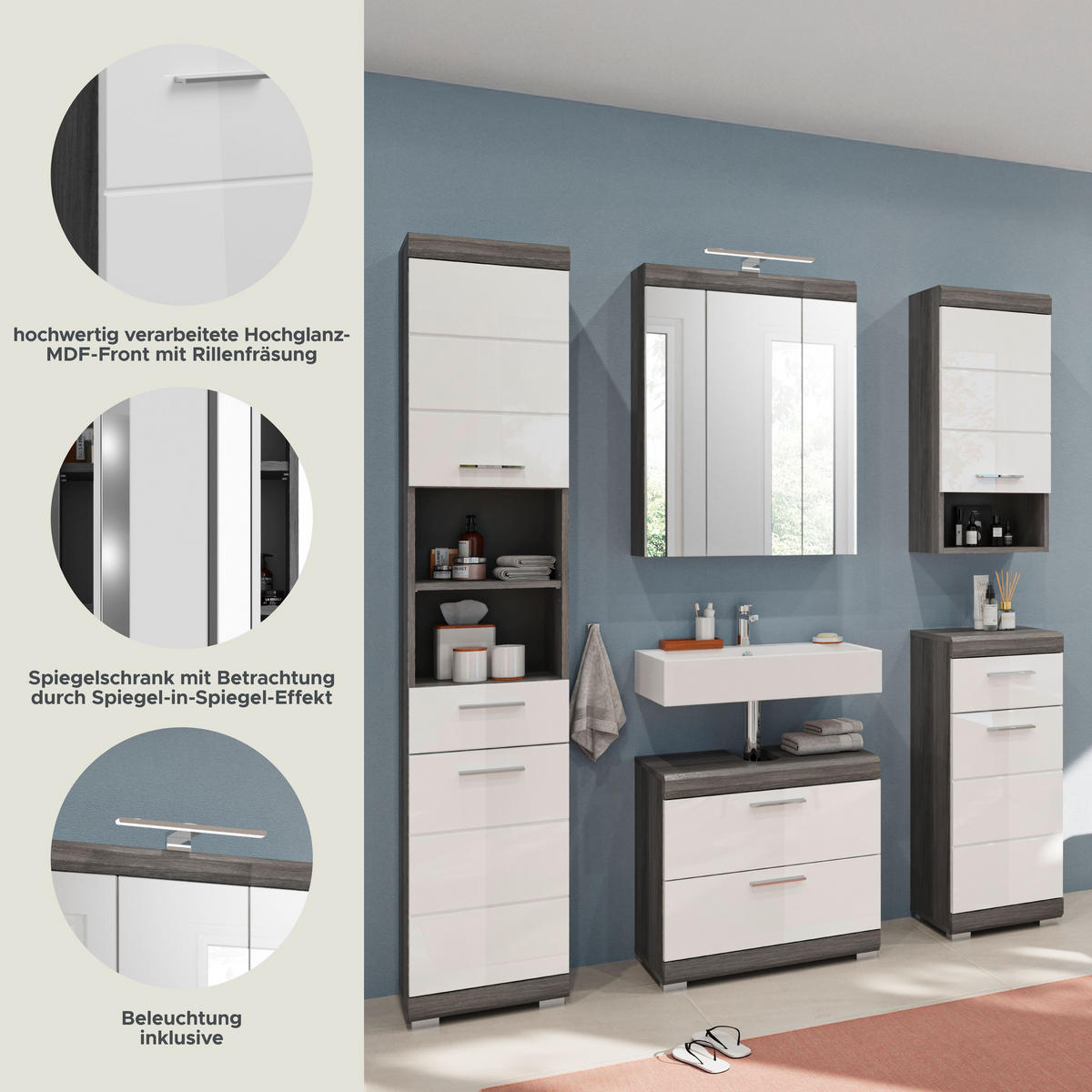 BADKOMBINATION 5tlg. Scout Bad in Rauchsilber Nachbildung und weiß hochglanz B/H/T: 164x191x34 cm - Anthrazit, Holz (164/191/37cm)