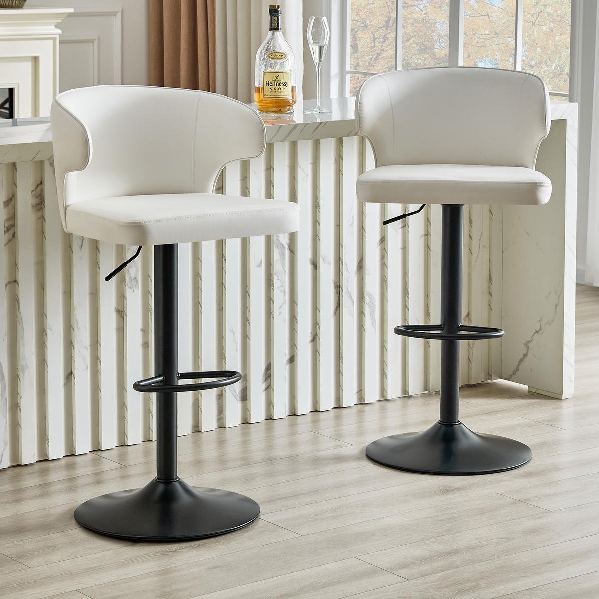 BARHOCKER DE-36727 2er-Set höhenverstellbar mit 360°-Drehung und PU Schwarz - Weiß, Metall (45/110/49.7cm) - ComfortXL