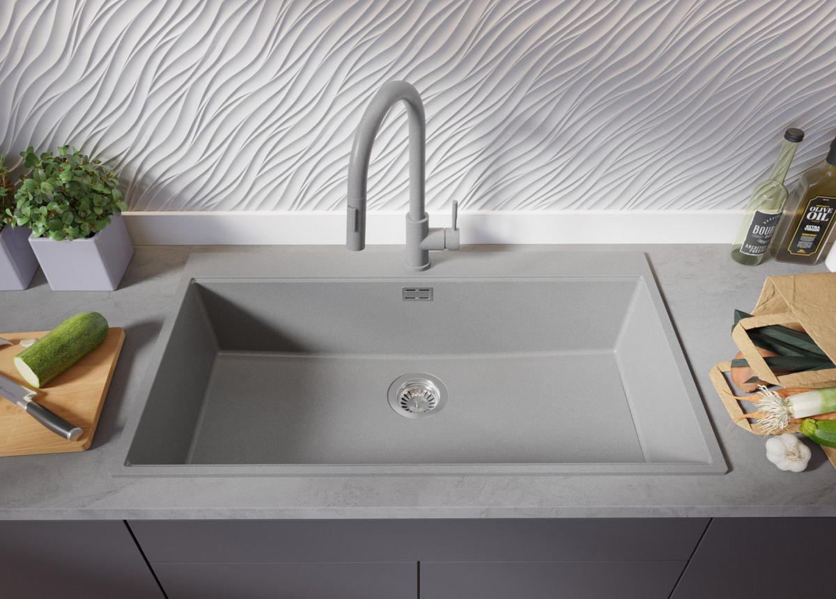 GRANITSPÜLE Oslo, 2-er set Grau 88/50 cm 1 Becken + Küchenarmatur 40/20 cm + Ablauf-Set + Schneidebrett ab 90er Unterschrank - Chromfarben/Beige, Kunststoff (88/20/50cm) - Primagran